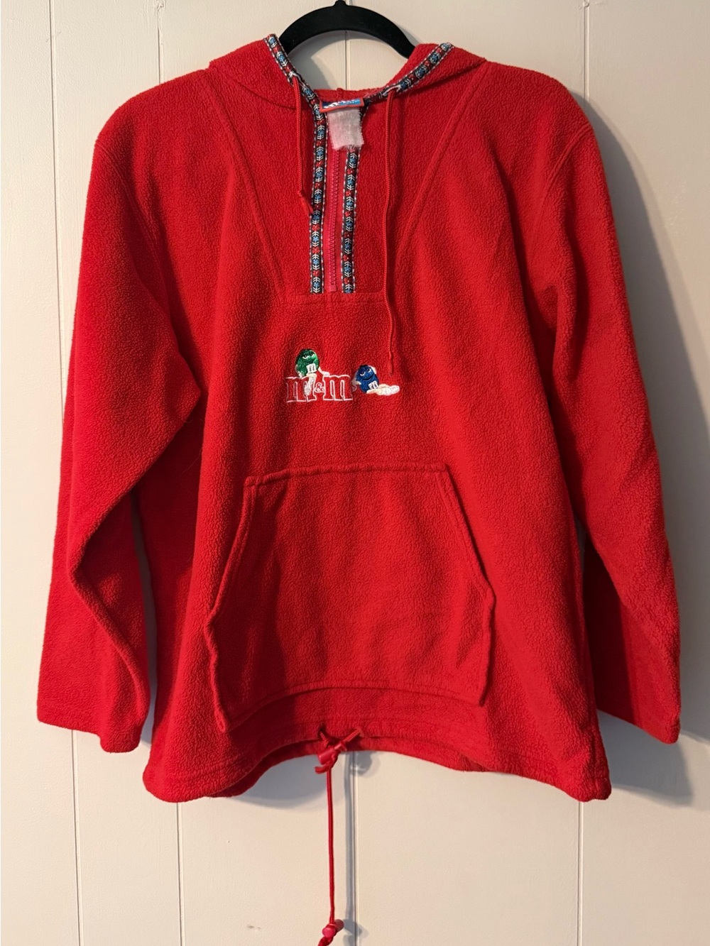 Vintage Y2K M&M’s Brand Red Fleece Hoodie Half Zip Embroidered Pullover Mens S/M